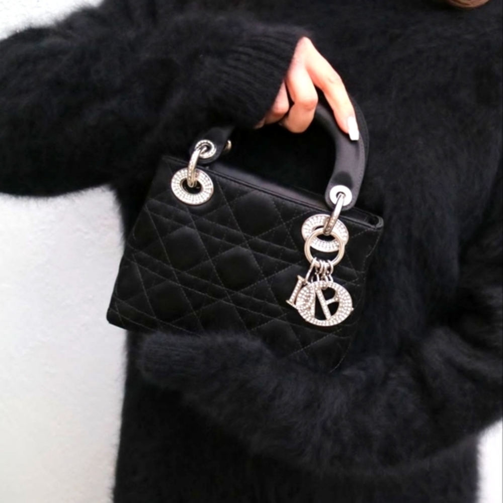 Dior Mini Crystal Lady Dior Cannage Handbag Princess Diana Satin Bag w Strassing - Picture 16 of 16